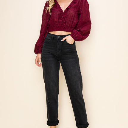 Long Puff Sleeves Ruffle V-Neck Crop Top