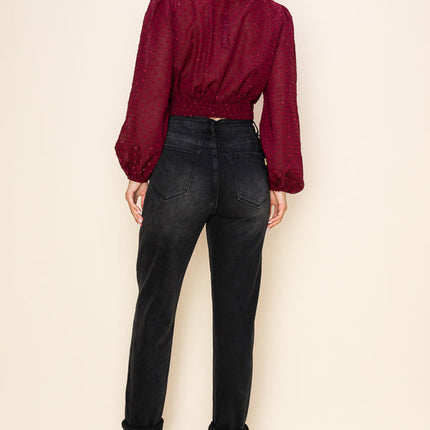 Long Puff Sleeves Ruffle V-Neck Crop Top