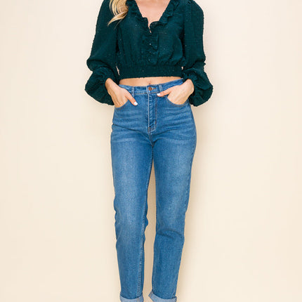 Long Puff Sleeves Ruffle V-Neck Crop Top