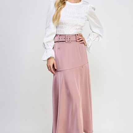 Round Neck Long Balloon Sleeve Smocking Satin Top