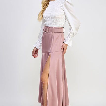 Round Neck Long Balloon Sleeve Smocking Satin Top