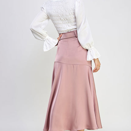 Round Neck Long Balloon Sleeve Smocking Satin Top
