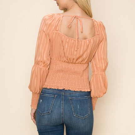 Square Neck Long Sleeve Waist Smocking Stripe Satin Top