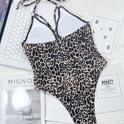 Leopard Cutout Halter Neck One-Piece Swimwear