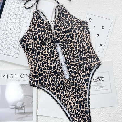 Leopard Cutout Halter Neck One-Piece Swimwear