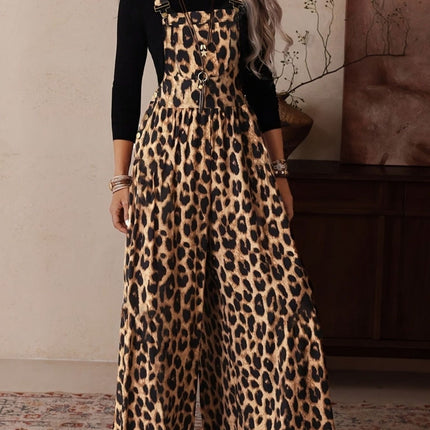 Stylish Leopard Print Wide Leg Overalls Jumpsuits