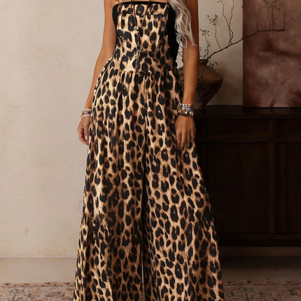 Stylish Leopard Print Wide Leg Overalls Jumpsuits
