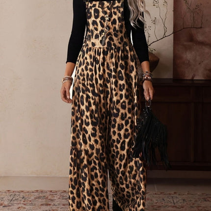 Stylish Leopard Print Wide Leg Overalls Jumpsuits