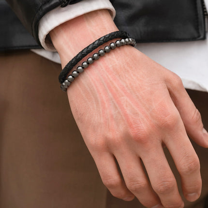 High Power Hematite Bead & Leather Magnetic Bracelet