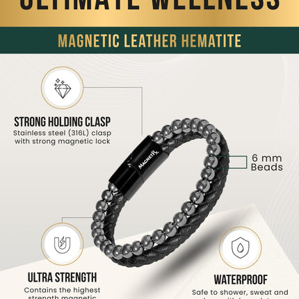 High Power Hematite Bead & Leather Magnetic Bracelet