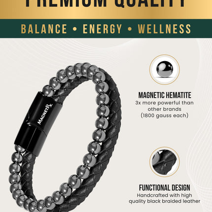 High Power Hematite Bead & Leather Magnetic Bracelet