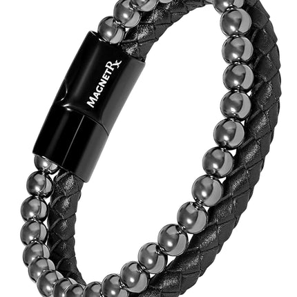 High Power Hematite Bead & Leather Magnetic Bracelet