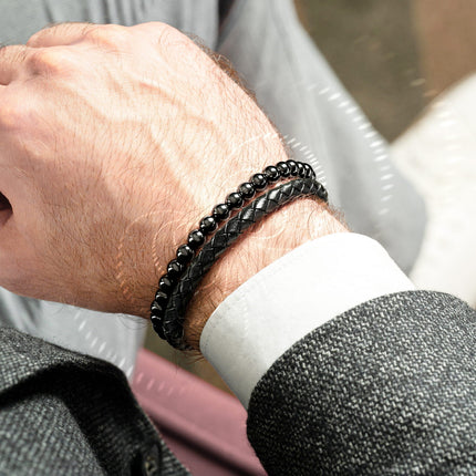 High Power Hematite Bead & Leather Magnetic Bracelet