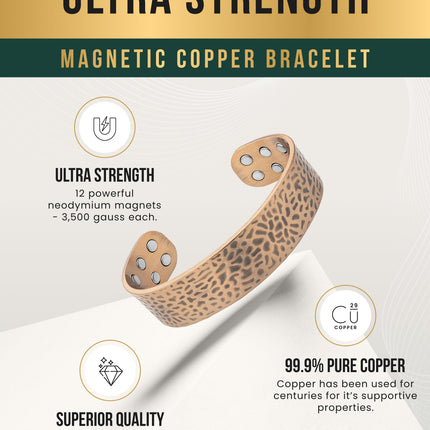 Mega Strength Magnetic Therapy Bracelet Wide Hammered Copper Cuff
