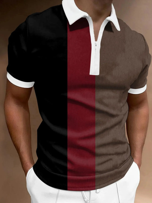 Men's Stylish Color Block With Zipper Polo Shirt