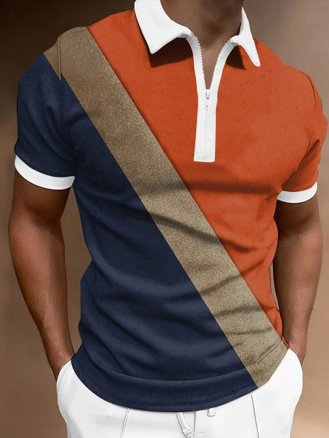 Men's Stylish Color Block With Zipper Polo Shirt