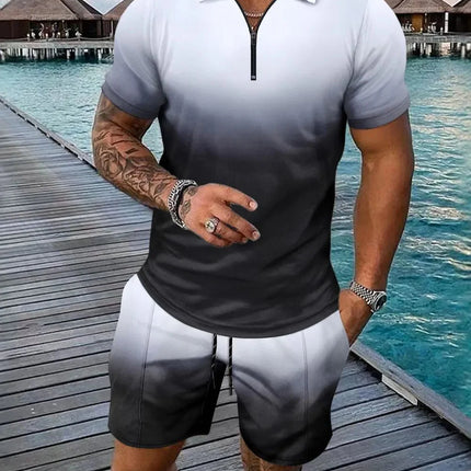 Men's Full Size Gradient Collared Top and Shorts Set
