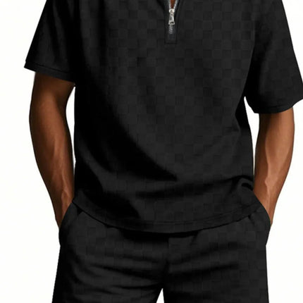 Men's Full Size Quarter Zip Short Sleeve Top and Shorts Set