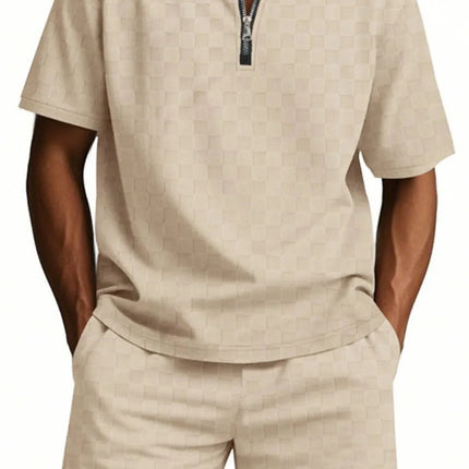 Men's Full Size Quarter Zip Short Sleeve Top and Shorts Set