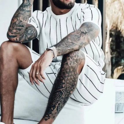 Men's Full Size Striped Casual Top and Shorts Summer Set