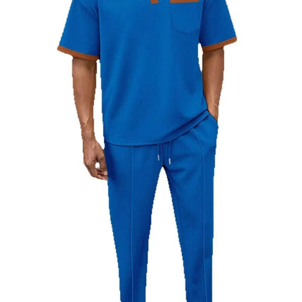 Men's Waffle-Knit Contrast Polo and Pants Set