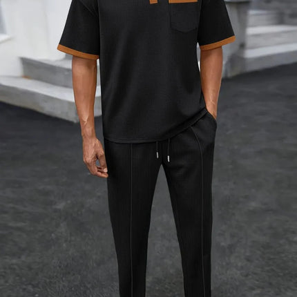 Men's Waffle-Knit Contrast Polo and Pants Set