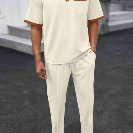 Men's Waffle-Knit Contrast Polo and Pants Set