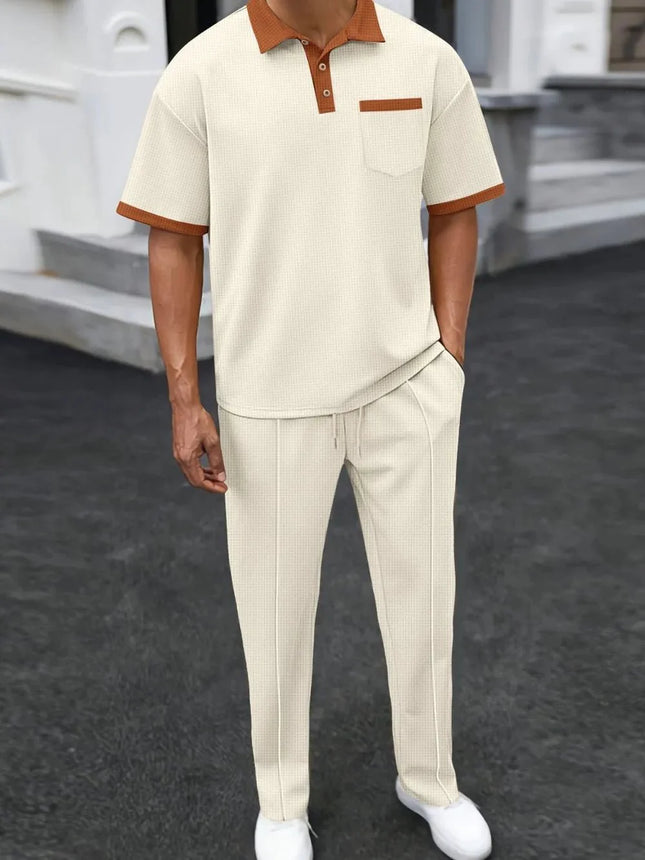 Men's Waffle-Knit Contrast Polo and Pants Set