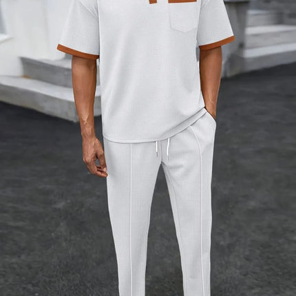Men's Waffle-Knit Contrast Polo and Pants Set
