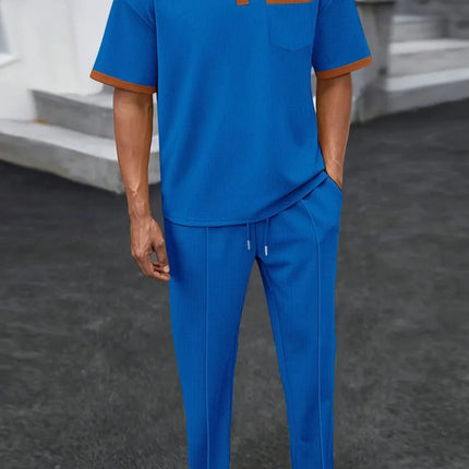 Men's Waffle-Knit Contrast Polo and Pants Set