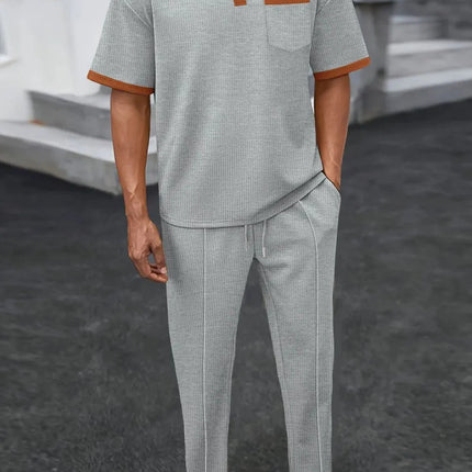 Men's Waffle-Knit Contrast Polo and Pants Set