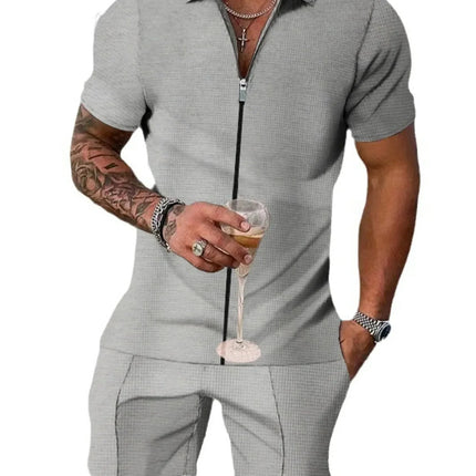 Men's Plus Size Zip Up Short Sleeve Top and Shorts Set