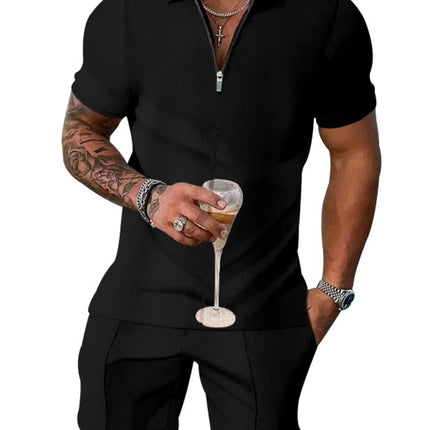 Men's Plus Size Zip Up Short Sleeve Top and Shorts Set