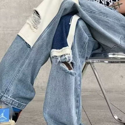 Men's Fashion Ripped Patchwork Wide Leg Jeans