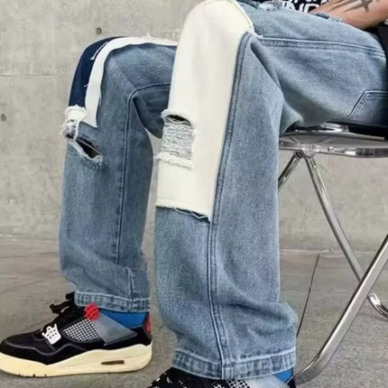 Men's Fashion Ripped Patchwork Wide Leg Jeans