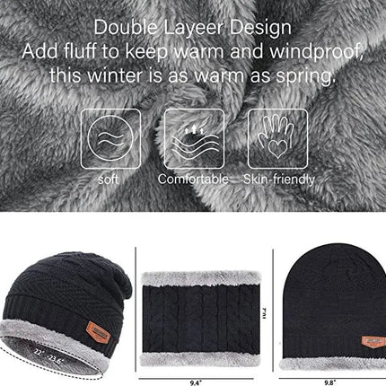 Mens Womens Winter Beanie Hat Scarf Set Warm Knit Hat Thick Fleece Lined Winter Cap Neck Warmer for Men Women