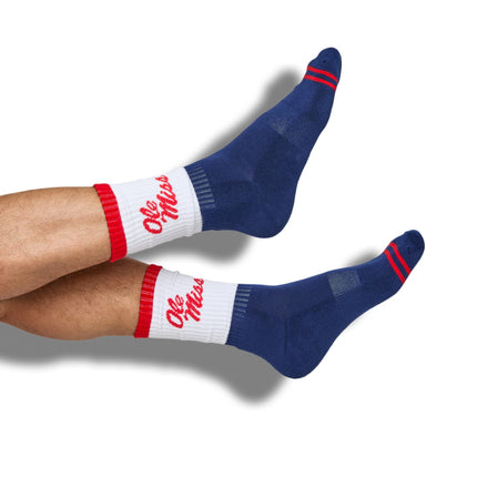 Navy White OM Script Casual Crew Socks