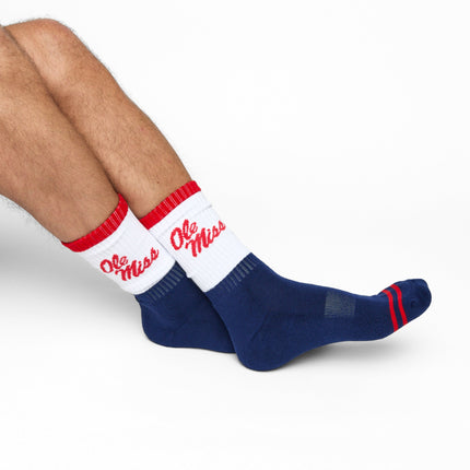 Navy White OM Script Casual Crew Socks