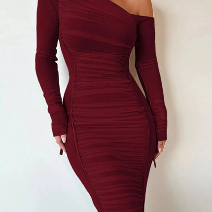 One-Shoulder Ruched Bodycon Midi Dress