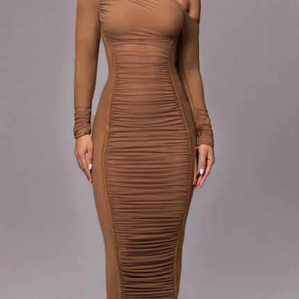 One-Shoulder Ruched Bodycon Midi Dress