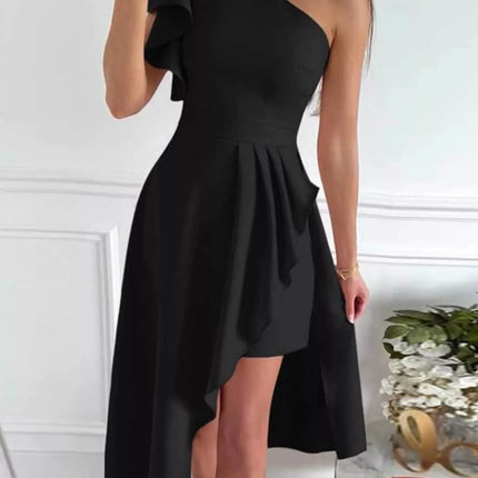 One-Shoulder Ruffle High-Low Dress