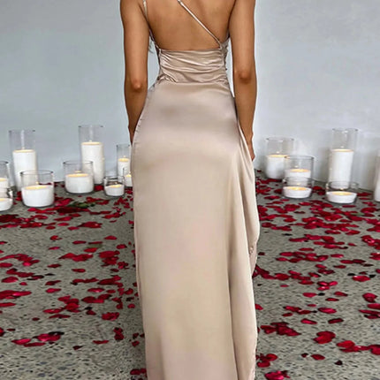 One Shoulder Satin Dress with High Slit