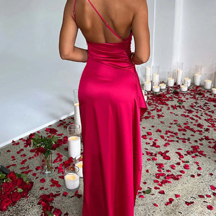 One Shoulder Satin Dress with High Slit