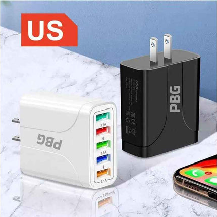PBG Black 5-Port LED Wall Charger & QC 3-in-1 Nylon Braided Fast Charging Cable