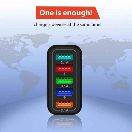 PBG Black 5-Port LED Wall Charger & QC 3-in-1 Nylon Braided Fast Charging Cable
