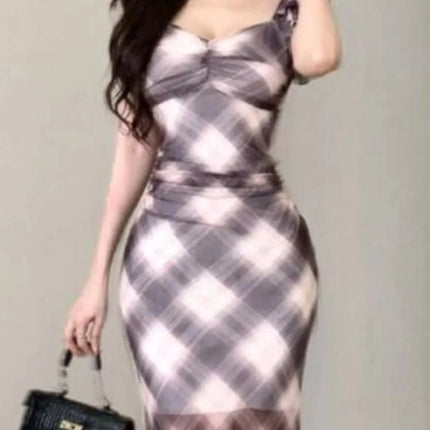 Trendy Plaid Ruffle Cap Sleeve Bodycon Maxi Dress