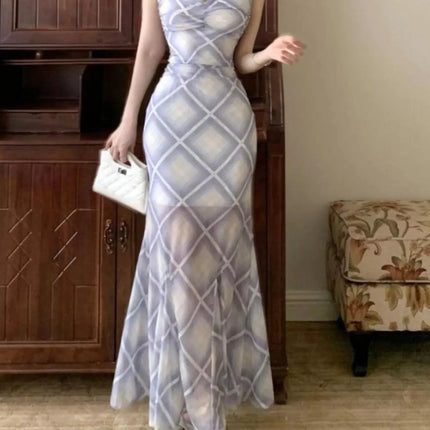 Trendy Plaid Ruffle Cap Sleeve Bodycon Maxi Dress