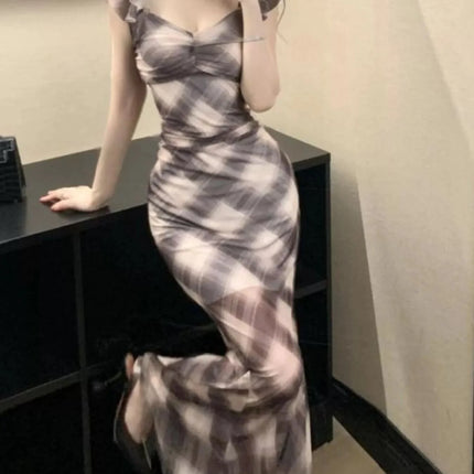 Trendy Plaid Ruffle Cap Sleeve Bodycon Maxi Dress