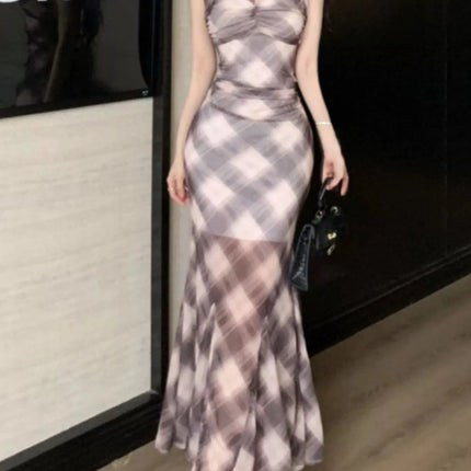 Trendy Plaid Ruffle Cap Sleeve Bodycon Maxi Dress