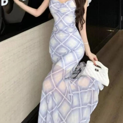 Trendy Plaid Ruffle Cap Sleeve Bodycon Maxi Dress